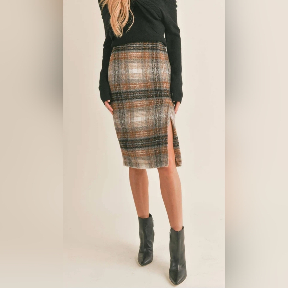 Sage The Label Checkered Plaid Pencil Skirt - Black, Cream & Tan With Slit